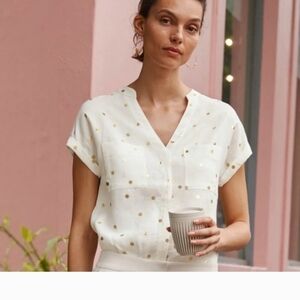 Boden Linen Blouse with Gold Polka Dots, Size 10